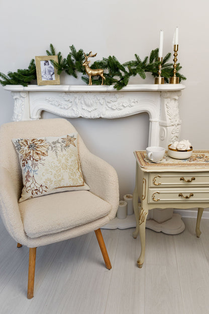 Tapestry pillowcase with Christmas poinsettia floral design. Beige and gold festive home decor. Made in Ukraine.