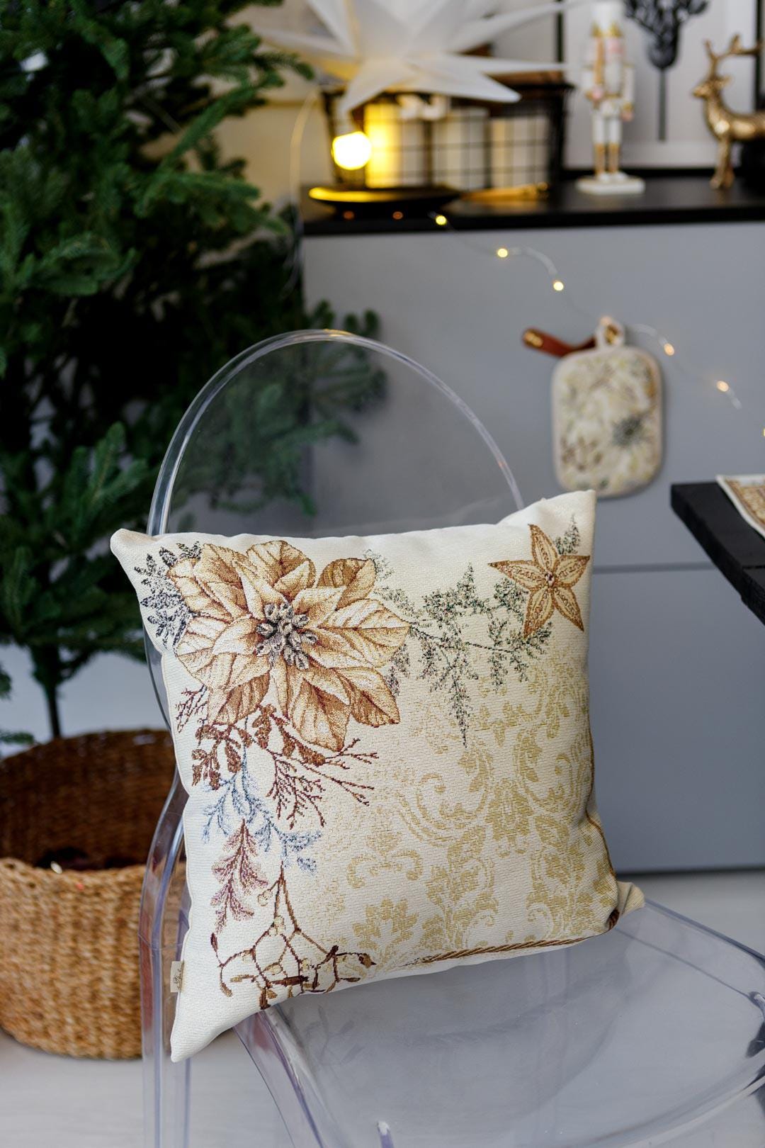 Tapestry pillowcase with Christmas poinsettia floral design. Beige and gold festive home decor. Made in Ukraine.