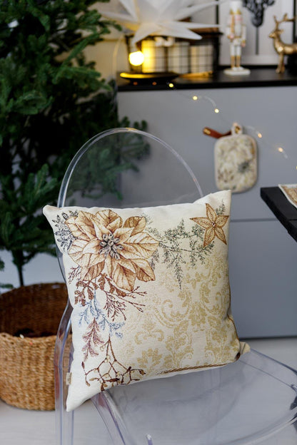Tapestry pillowcase with Christmas poinsettia floral design. Beige and gold festive home decor. Made in Ukraine.