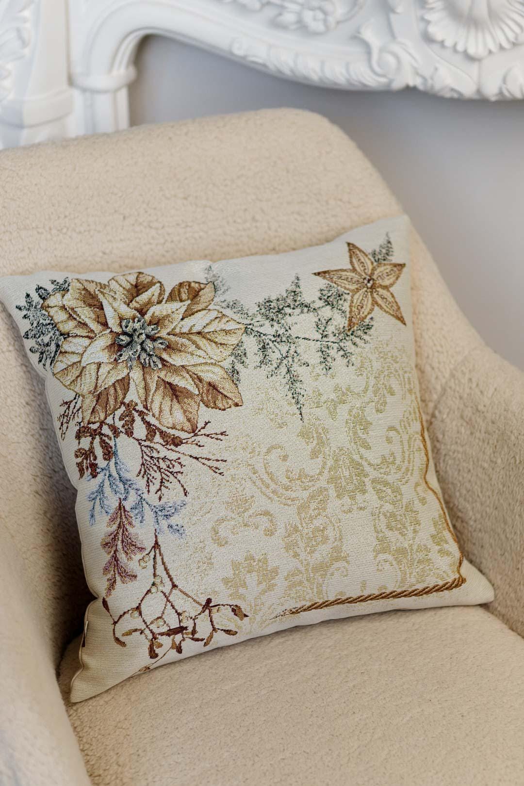 Tapestry pillowcase with Christmas poinsettia floral design. Beige and gold festive home decor. Made in Ukraine.
