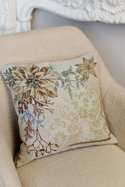 Tapestry pillowcase with Christmas poinsettia floral design. Beige and gold festive home decor. Made in Ukraine.
