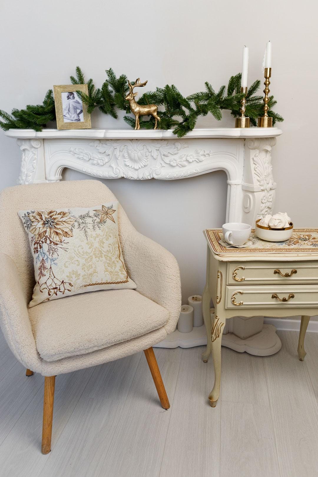 Tapestry pillowcase with Christmas poinsettia floral design. Beige and gold festive home decor. Made in Ukraine.
