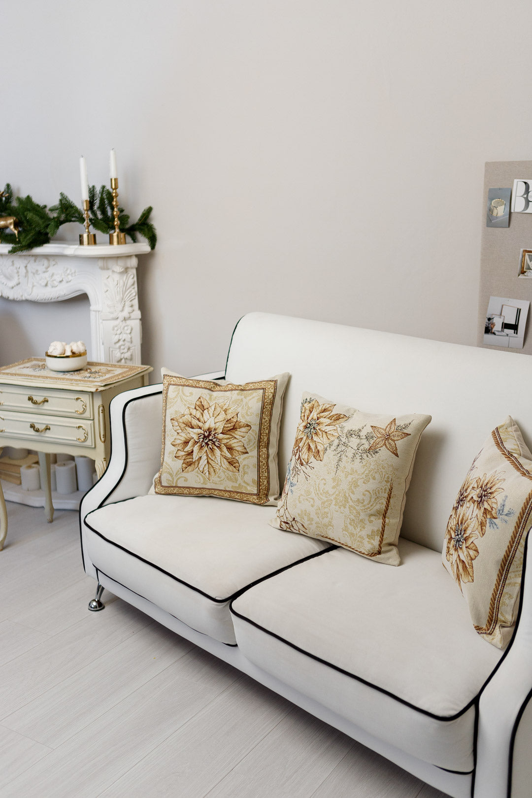 Three tapestry pillowcases with Christmas poinsettia floral design. Beige and gold festive home decor. Made in Ukraine.
