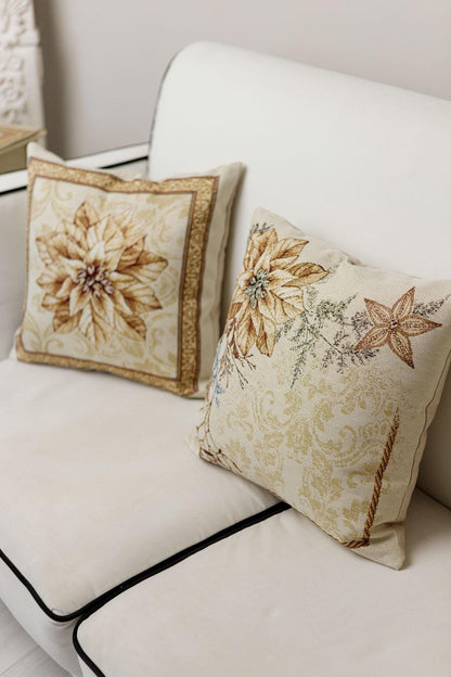 Tapestry pillowcase with Christmas poinsettia floral design. Beige and gold festive home decor. Made in Ukraine.
