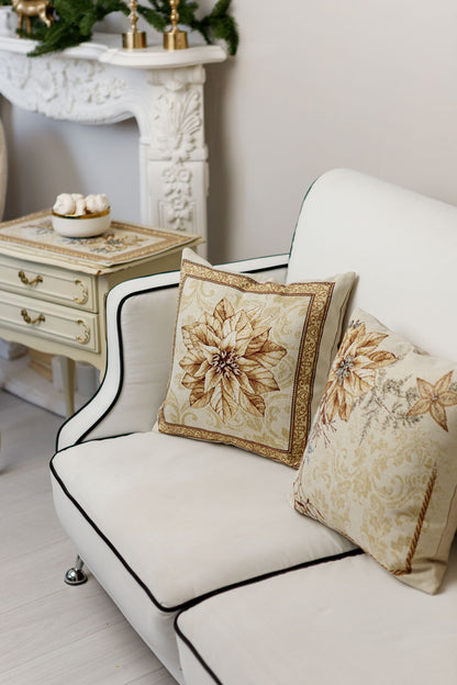 Two tapestry pillowcase with Christmas poinsettia floral design. Beige and gold festive home decor. Made in Ukraine.
