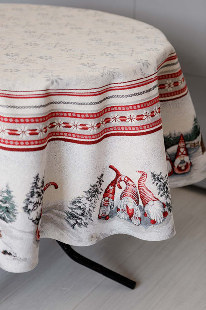 White Christmas tablecloth close-up with red border