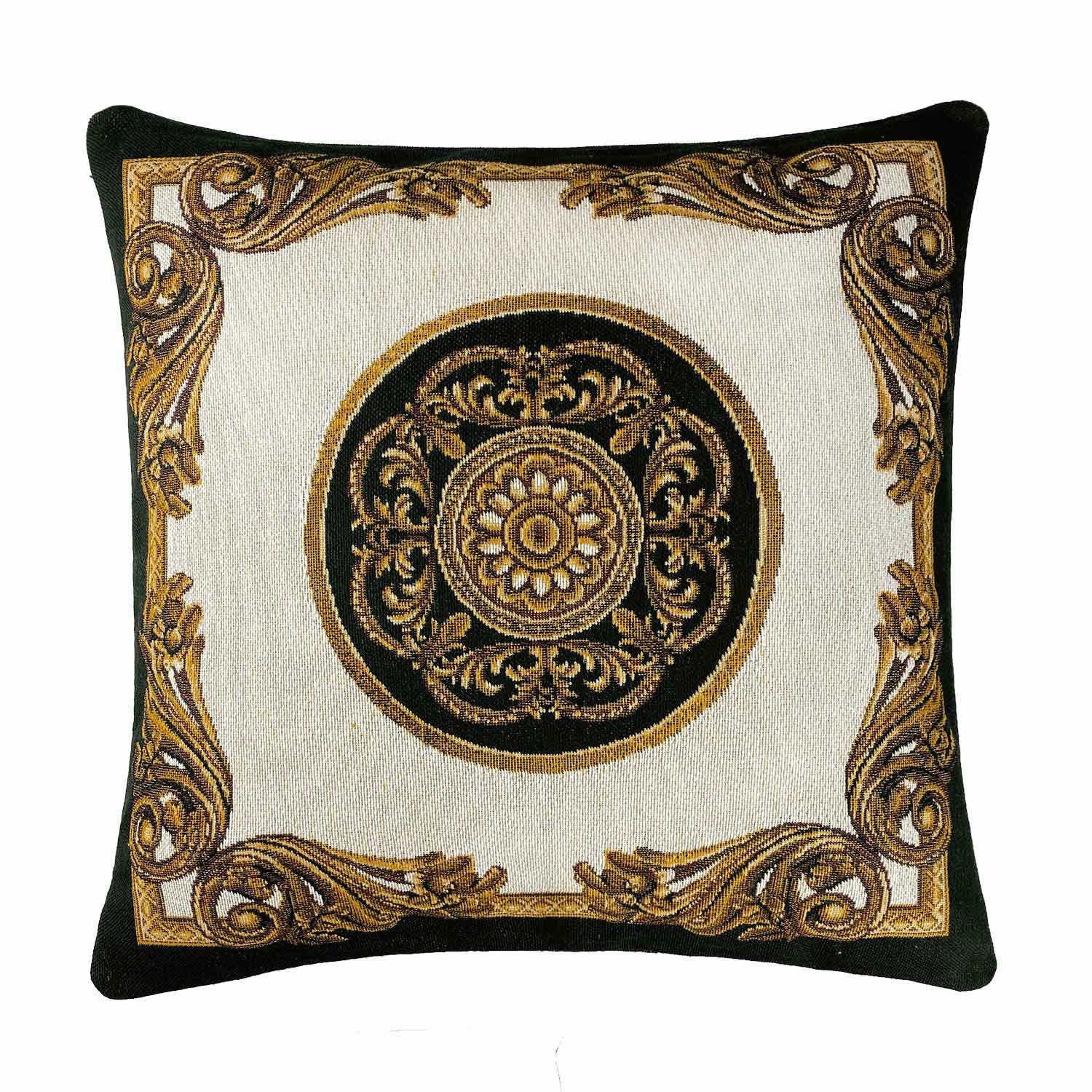 White, Gold And Black Tapestry Pillowcase With A Medallion Of Baroque Style | Luxury Home Decor, Kitchen, Living Room Textile