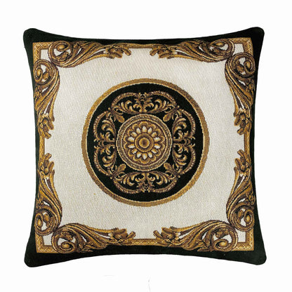 White, Gold And Black Tapestry Pillowcase With A Medallion Of Baroque Style | Luxury Home Decor, Kitchen, Living Room Textile