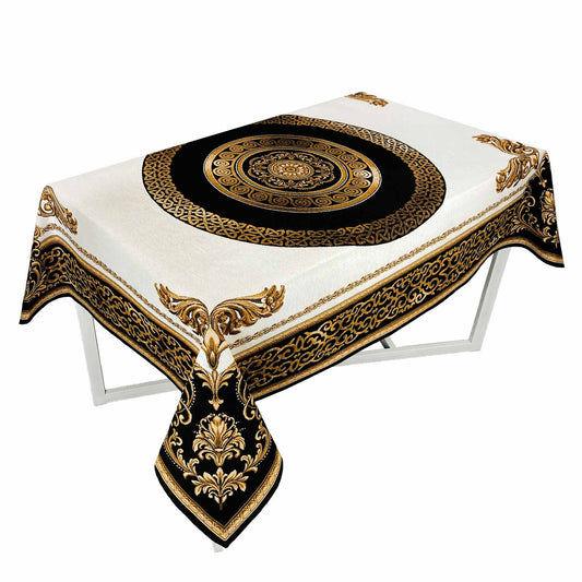 White, Gold And Black Tapestry Tablecloth With A Medallion Of Baroque Style