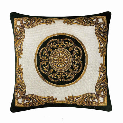 White baroque tapestry pillow with gold medallion pattern