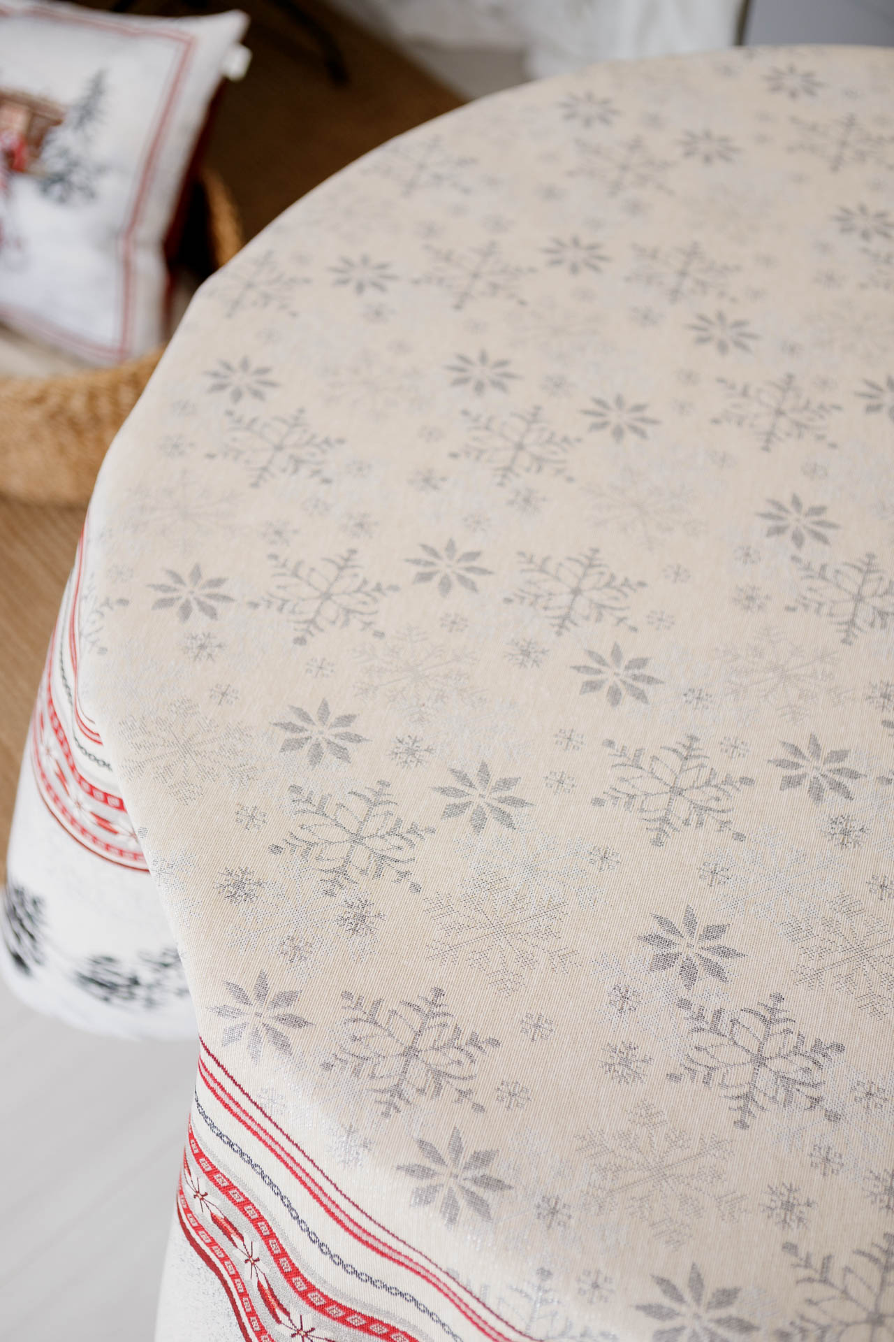 Winter Christmas tablecloth top view with snowflake print