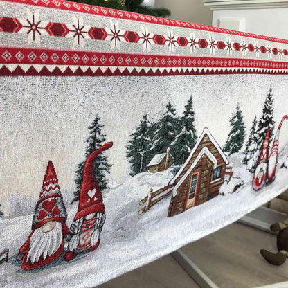 Winter cottage and forest print on Christmas tablecloth border