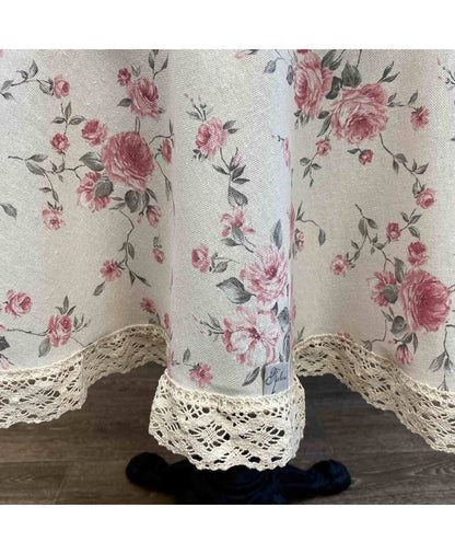 White Round Cotton Tablecloth With Pink Roses Pattern And Lace Edging | Festive Kitchen Textile Set, Home Decor, Housewarming Present Idea