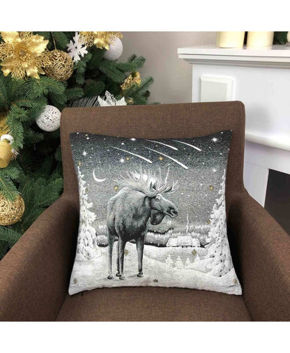 Black Tapestry Pillowcase With Moose, Reindeer And Stars Print | Festive Living Room, Home decor, Housewarming Gift Idea.