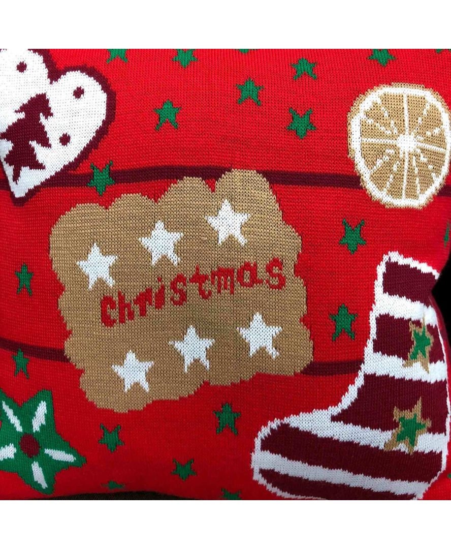 Red Knitted Pillowcase With Gingerbread Man Pattern | Decorative Pillow Cover With Cookie Man Print, Festive Home Decor, Present Idea