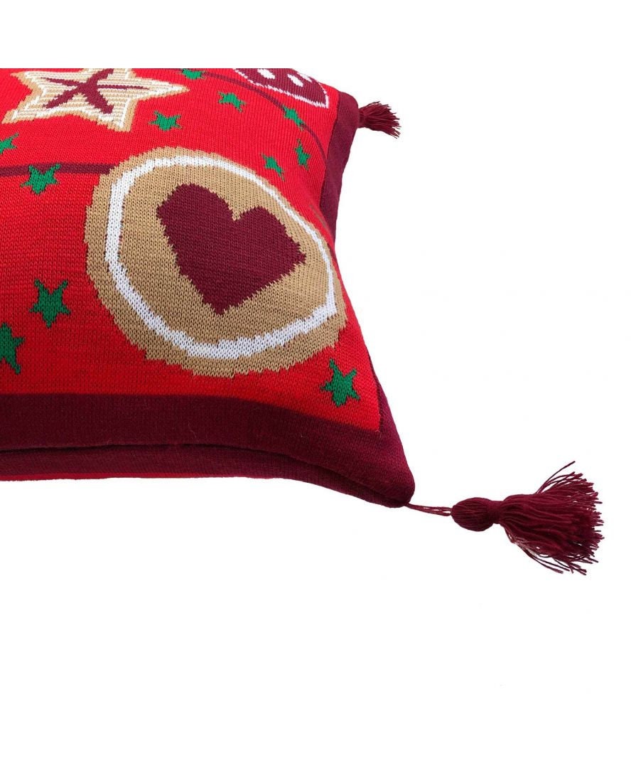 Red Knitted Pillowcase With Gingerbread Man Pattern | Decorative Pillow Cover With Cookie Man Print, Festive Home Decor, Present Idea