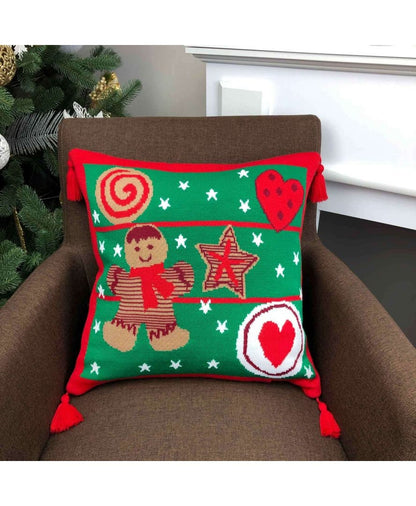 Green Knitted Pillowcase With Gingerbread Man Pattern | Festive Home Decor, Pillow Cover With Tassels, Winter Holidays Gift Idea For Family