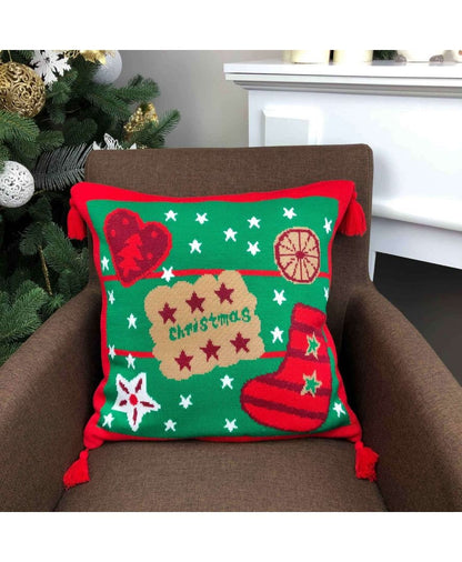 Green Knitted Pillowcase With Gingerbread Man Pattern | Festive Home Decor, Pillow Cover With Tassels, Winter Holidays Gift Idea For Family