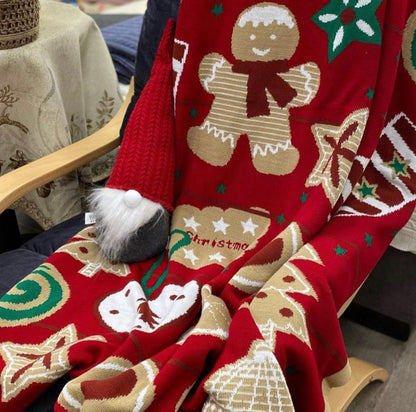 Red Knitted Christmas Blanket With Gingerbread Man Pattern | Festive Home Decor, Bedroom Textile, Holiday Present Idea For Family And Friends