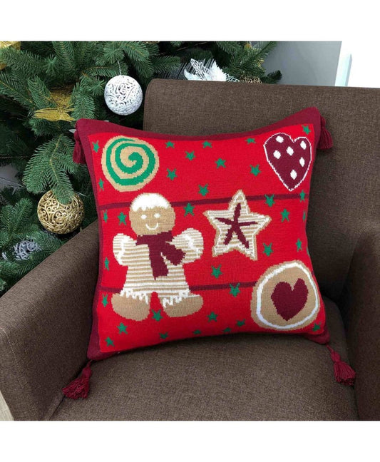 Red Knitted Pillowcase With Gingerbread Man Pattern | Decorative Pillow Cover With Cookie Man Print, Festive Home Decor, Present Idea