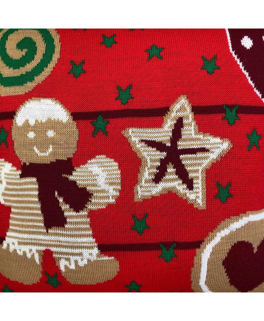 Red Knitted Pillowcase With Gingerbread Man Pattern | Decorative Pillow Cover With Cookie Man Print, Festive Home Decor, Present Idea
