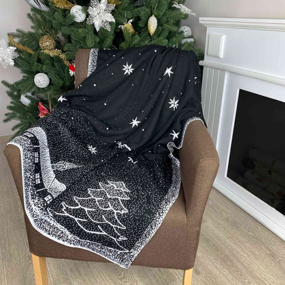 Two Sided Black And White Christmas Knitted Blanket With Stars, X-mas Tree | Winter Holiday Housewarming Gift Idea