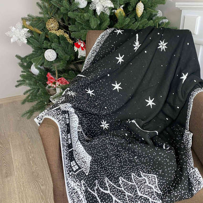Two Sided Black And White Christmas Knitted Blanket With Stars, X-mas Tree | Winter Holiday Housewarming Gift Idea