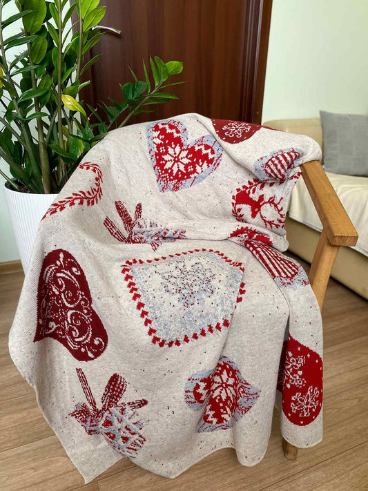 Beige Blanket With A Reindeer And Red Hearts Pattern | Festive Throw, Home Decor, Bedroom textile, Present Idea