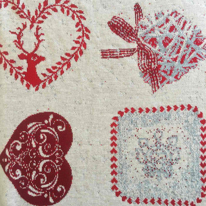 Beige Blanket With A Reindeer And Red Hearts Pattern | Festive Throw, Home Decor, Bedroom textile, Present Idea