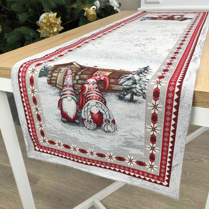 White Christmas Tapestry Tablecloth with Gnomes & Snowy Cottage | Festive Winter Table Decor