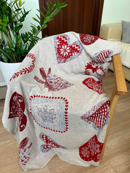 Beige Blanket With A Reindeer And Red Hearts Pattern | Festive Throw, Home Decor, Bedroom textile, Present Idea