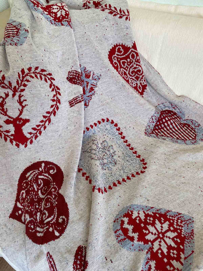 Beige Blanket With A Reindeer And Red Hearts Pattern | Festive Throw, Home Decor, Bedroom textile, Present Idea