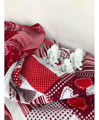 Red knitted blanket with hearts, lace, patchwork pattern | St Valentine's Day present idea, festive home decor, living room throw