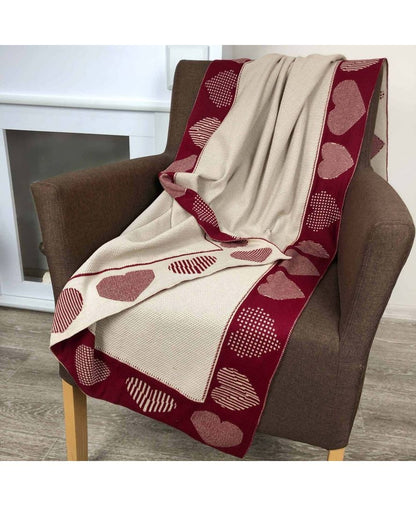 Two-Sided Beige And Red Knitted Blanket With Hearts Pattern | Present Idea, Festive Home Textile, Living Room Decor