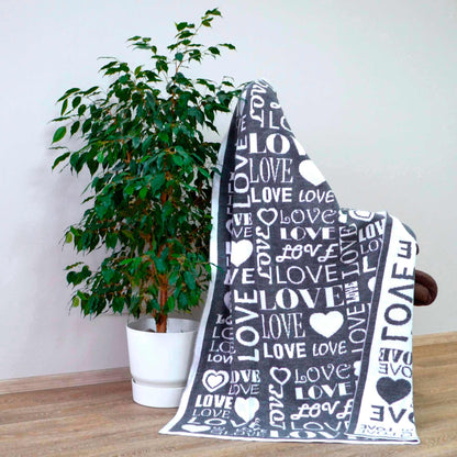 Grey Love Print Knitted Blanket | Acrylic Throw With Hearts Pattern, Housewarming Gift