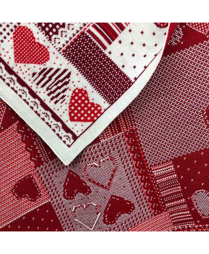 Red knitted blanket with hearts, lace, patchwork pattern | St Valentine's Day present idea, festive home decor, living room throw