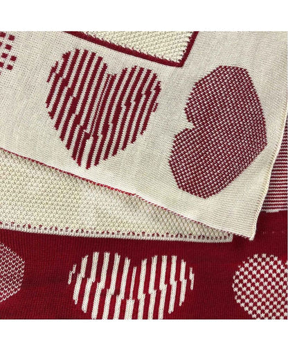 Two-Sided Beige And Red Knitted Blanket With Hearts Pattern | Present Idea, Festive Home Textile, Living Room Decor