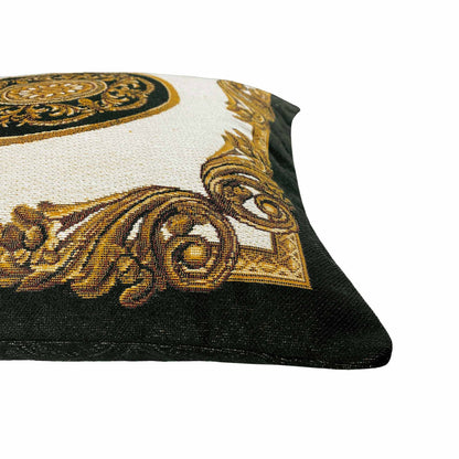White, Gold And Black Tapestry Pillowcase With A Medallion Of Baroque Style | Luxury Home Decor, Kitchen, Living Room Textile, Present Idea.