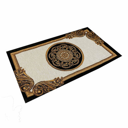 4 Baroque Style Tapestry Placemats With Medallion Pattern | White Cotton Golden Circle Napkin, Luxury Kitchen, Living Room Home Decor