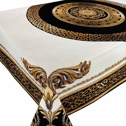 White, Gold And Black Tapestry Tablecloth With A Medallion Of Baroque Style | Luxury Textile, Home Decor, Golden Circle Pattern