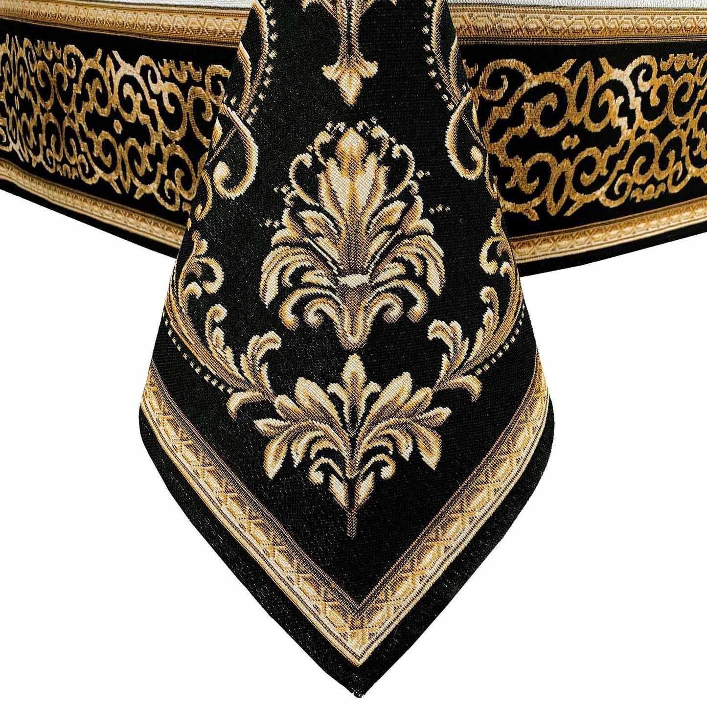 White, Gold And Black Tapestry Tablecloth With A Medallion Of Baroque Style | Luxury Textile, Home Decor, Golden Circle Pattern