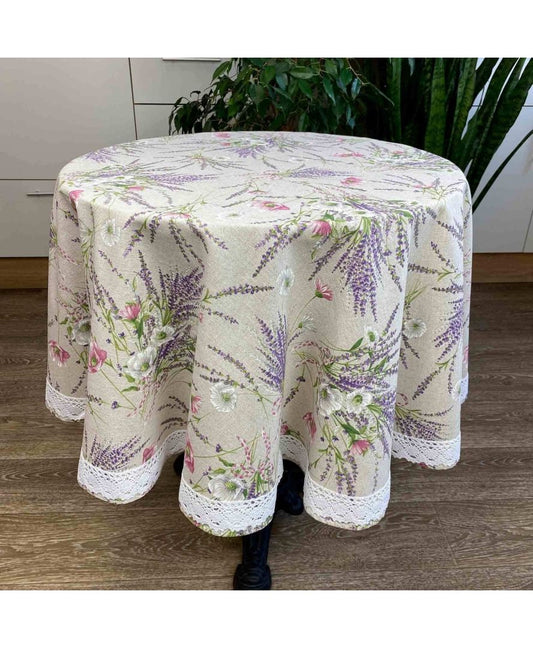 Round Cotton Tablecloth With Lavender Pattern And Lace Edging | Floral, Festive Kitchen Textile Set, Home Decor, Housewarming Present Idea