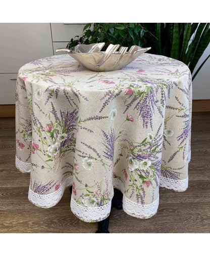 Round Cotton Tablecloth With Lavender Pattern And Lace Edging | Floral, Festive Kitchen Textile Set, Home Decor, Housewarming Present Idea