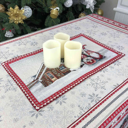 Silver Tapestry Placemat With Gnomes And Ukrainian pattern | Housewarming Gift Idea, Festive Kitchen Table Linens, X-mas Textile Set.