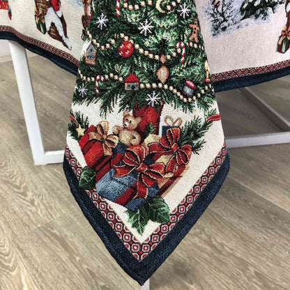 Blue Christmas Tapestry Tablecloth With X-mas Tree And Santa Claus Pattern | Festive, New Year Decor, Holiday Textile With Winter Ornament.