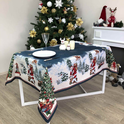 Blue Christmas Tapestry Tablecloth With X-mas Tree And Santa Claus Pattern | Festive, New Year Decor, Holiday Textile With Winter Ornament.