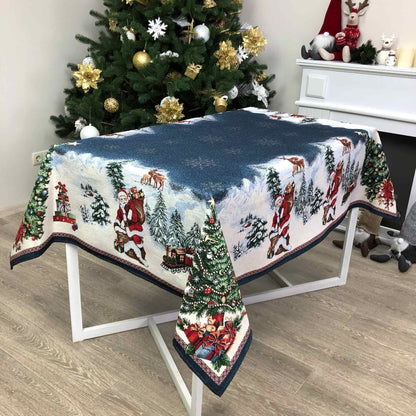 Blue Christmas Tapestry Tablecloth With X-mas Tree And Santa Claus Pattern | Festive, New Year Decor, Holiday Textile With Winter Ornament.