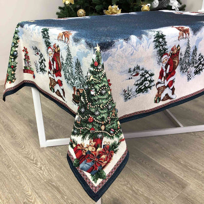 Blue Christmas Tapestry Tablecloth With X-mas Tree And Santa Claus Pattern | Festive, New Year Decor, Holiday Textile With Winter Ornament.