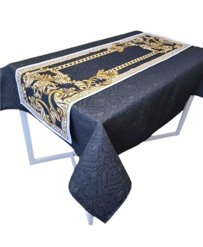 Black Tapestry Table Runner With Gold Baroque Scroll Work Pattern| Luxury Home Decor, Kitchen And Living Room Textile, Housewarming Present