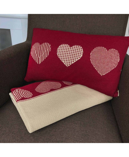 Two-Sided Beige And Red Knitted Blanket With Hearts Pattern | Present Idea, Festive Home Textile, Living Room Decor